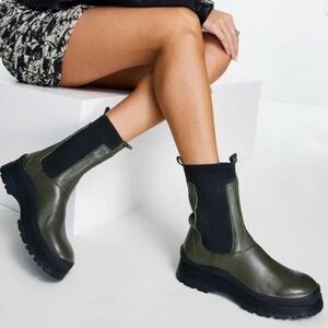 ARSA Chayote Pull On Chelsea Boots in Khaki Leather Green - Size 40